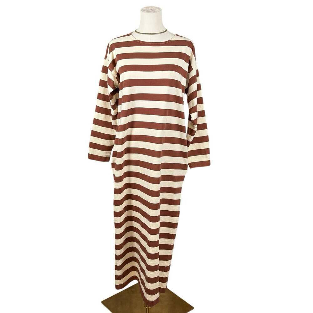 Tory Burch Cotton Jersey Striped Midi Dress Auburn Cream Casual Academia Small